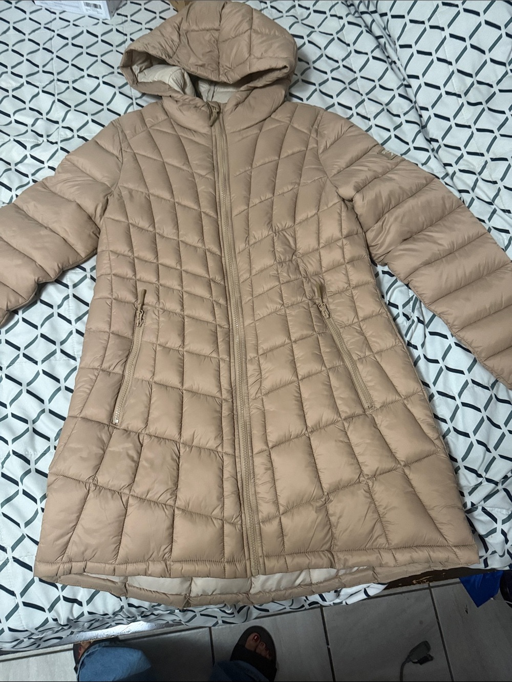 Reebok Women’s Hooded Quilted Long Puffer Coat - Tan